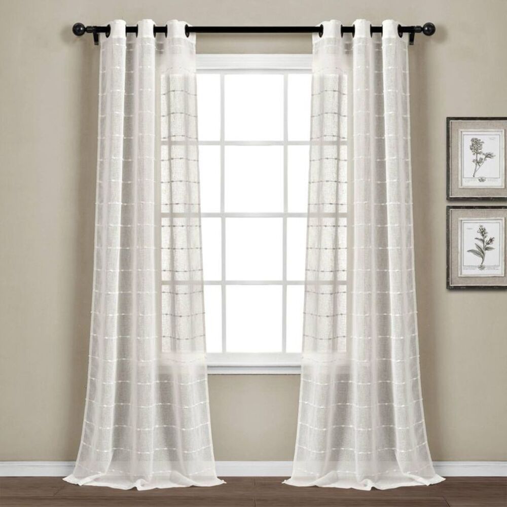 Set of 2 (95"x38") Farmhouse Grommet Sheer Curtain Panels White Lush Décor